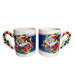 Vintage Santa Claus On A Sled Coffee Mug With Candy Cane On Handle Christmas Lot